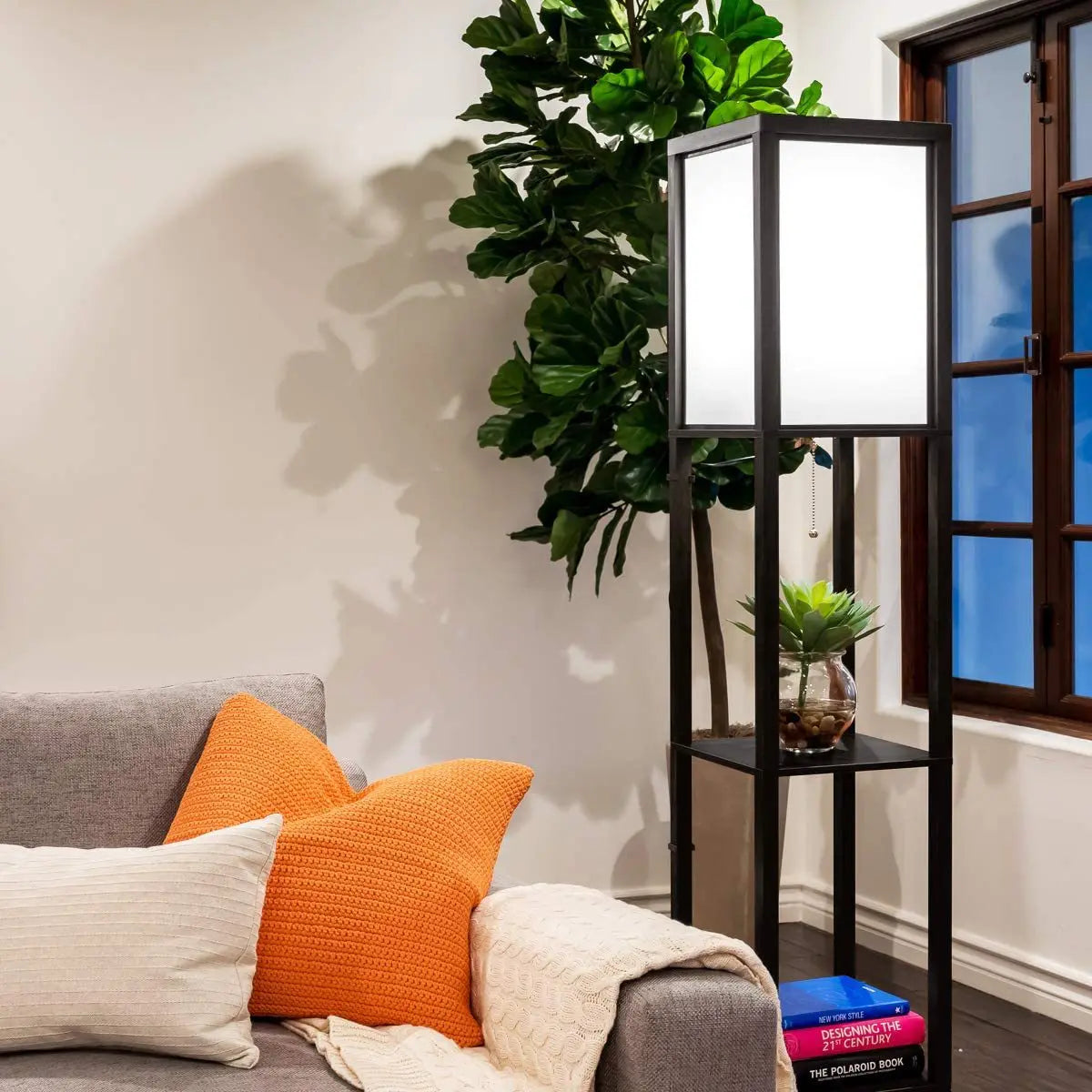 Nordic Wooden American Living Room Shelf With Three Layers of Floor Lamps