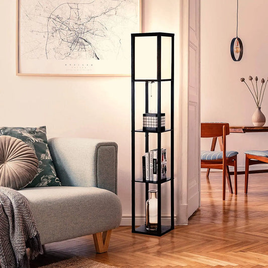 Nordic Wooden American Living Room Shelf With Three Layers of Floor Lamps