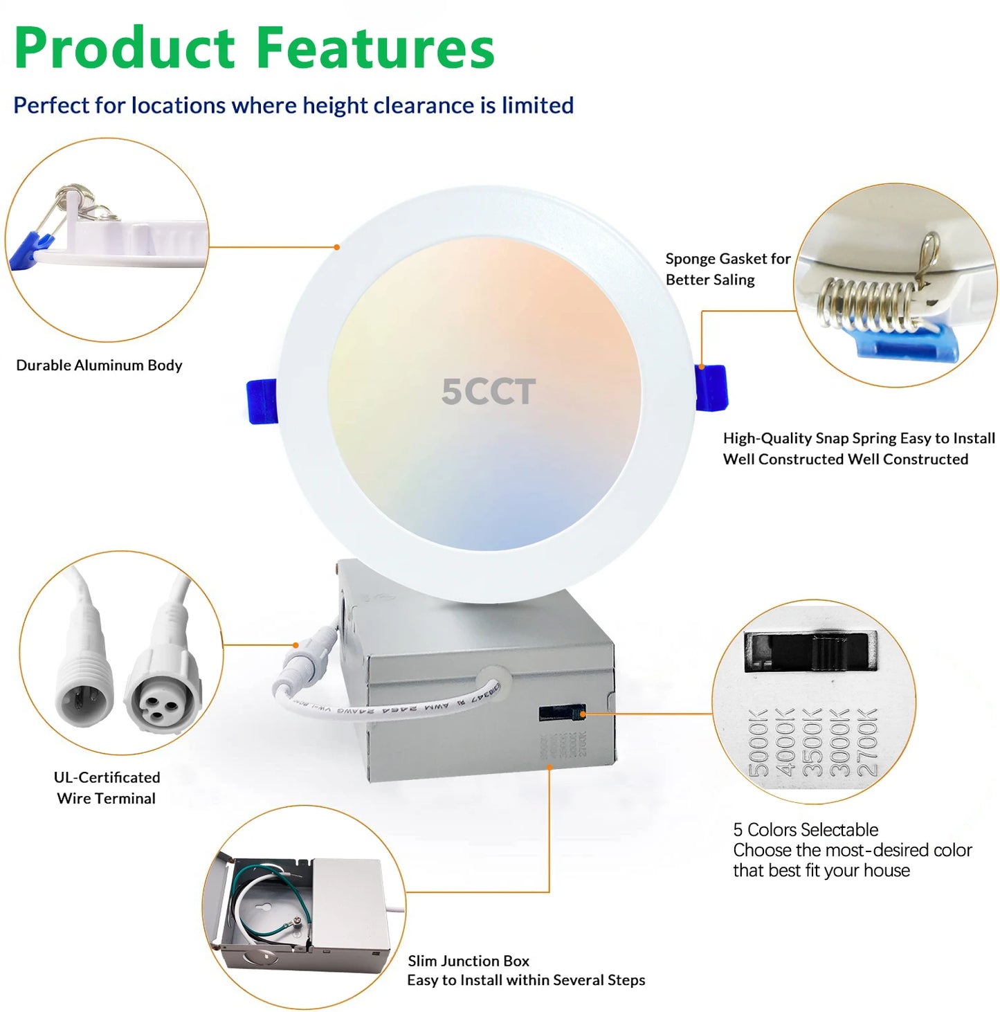 Factory Price 4Inch ETL 5cct Dimmable Led Recessed Wafer Adjust Down Lights Design Spot Light Panel Pot Lights Downlight